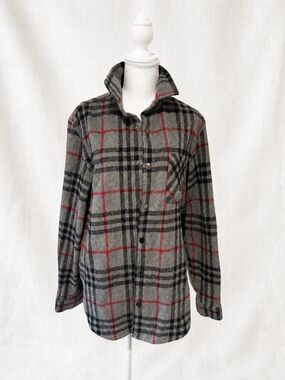Gray Plaid Utility Jacket with Red Windowpane